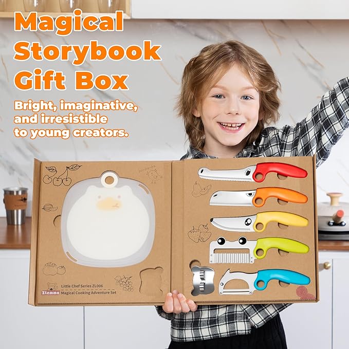 Kids Kitchen Knife Set with Educational Ring, 7-Piece Animal Cooking Tools, Safe Stainless Steel Knives, Finger Guard & Cutting Board, Montessori Cooking Set for Kids
