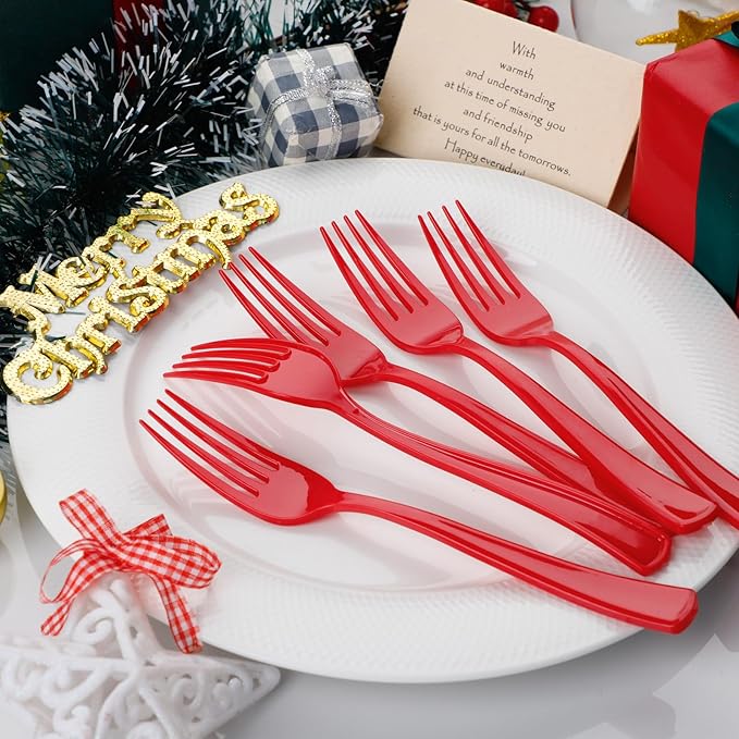 WDF 100 Pieces Red Christmas Forks - 7.4inch Heavy Duty Red Forks Disposable - Plastic Silverware for Dessert Cake - Plastic Cutlery for Party/Birthday/Daily/Valentine's Day
