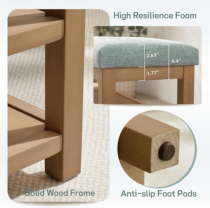 Zihanhome Shoe Rack Bench with Cushion, 2 Tier Solid Wood Storage Bench, Mid-Century Modern Shoe Bench for Entryway, Hallway, Closet, Front Door Entrance, Foyer (Teal, 46.5")