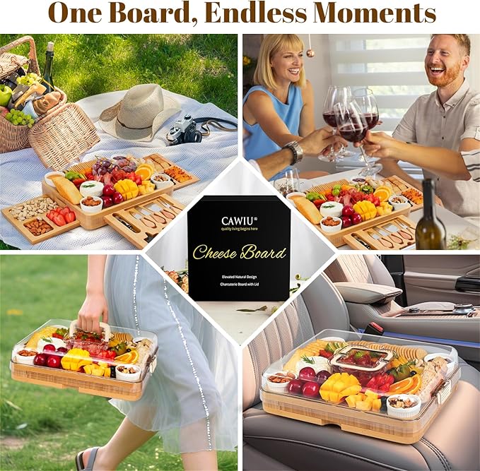 Charcuterie Board with Lid ??Large Bamboo Cheese Board Set with Utensils & Drawers ??Housewarming, Wedding Gifts for Couples, Serving Tray with Cover (Cream)