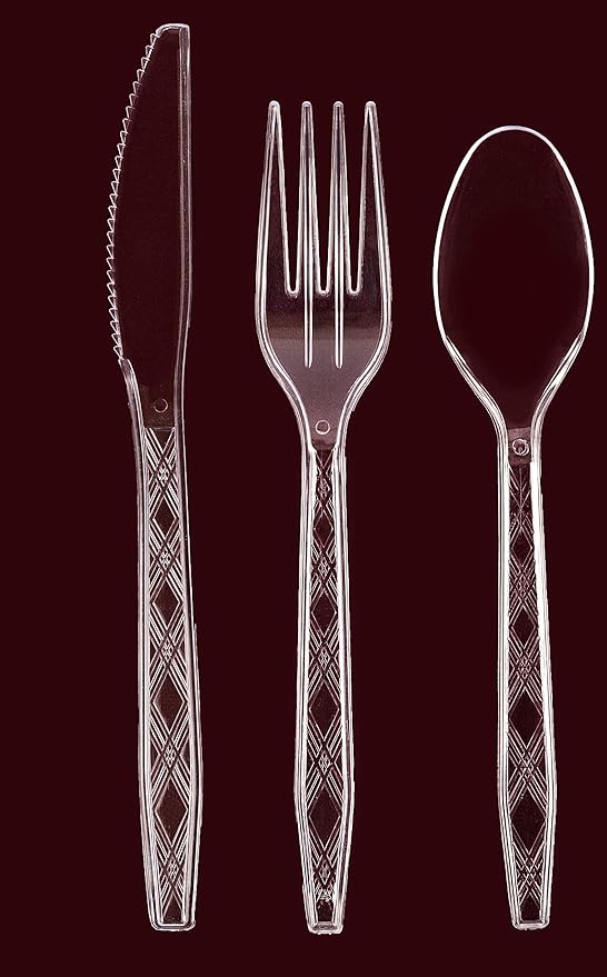Party Bargains Clear Plastic Cutlery 360 pcs: 180 Forks, 120 Spoons, 60 Knives. Argyle Design, Heavy Duty & Solid Disposable Silverware Utensils Combo Pack Set for Weddings, Buffets, Luncheons