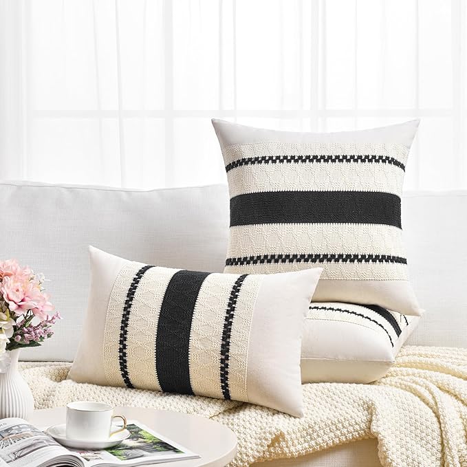 Fancy Homi Set of 2 Boho Black Long Lumbar Decorative Throw Pillow Cover 14x24 Inch for Couch Bed Sofa Chair, Modern Organic Farmhouse Home Decor, Soft Cotton Cute Accent Rectangle Cushion Case