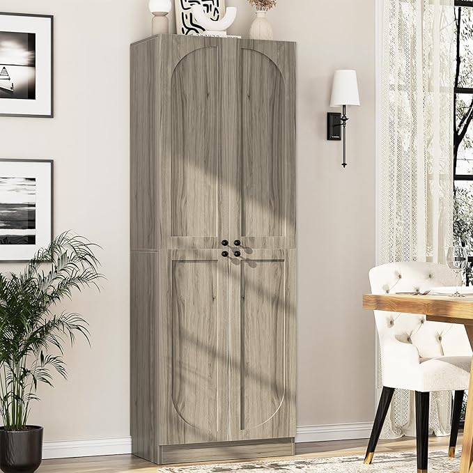 Cyclysio 80" Kitchen Pantry, Extra Tall Arch Storage Cabinet with 4 Doors and Adjustable Shelves, Freestanding Wood Cupboard with Seamless Fit Wall for Dining Living Room Bathroom Furniture (Ash Grey)