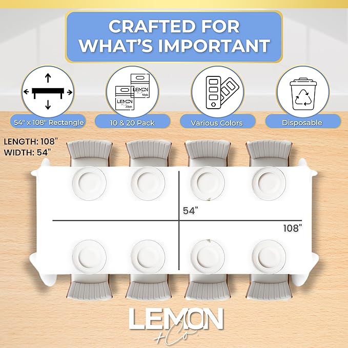 LEMON + Co. White Rectangle Table Cover Disposable Plastic Tablecloth 54 Inch. x 108 Inch. Premium Decorative Rectangle Table Cover 20 Pack