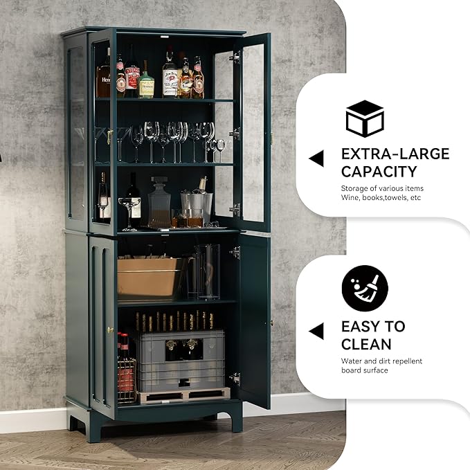 ARTPOWER 72" Freestanding Kitchen Pantry Storage Sideboard, Classical Tall Cabinet with Glass Door and Adjustable Shelves for Kitchen, Livingroom and Dining Room, Dark Teal