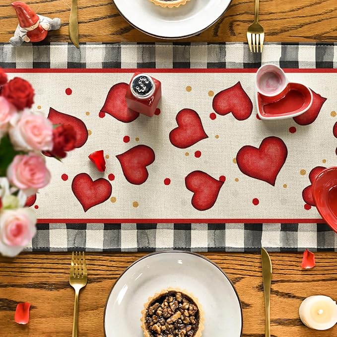 Artoid Mode Watercolor Hearts Gnomes Love Valentine's Table Runner, Seasonal Anniversary Wedding HoliKitchen Dining Table Decoration for Indoor Outdoor Home Decor 13 x 90 Inch