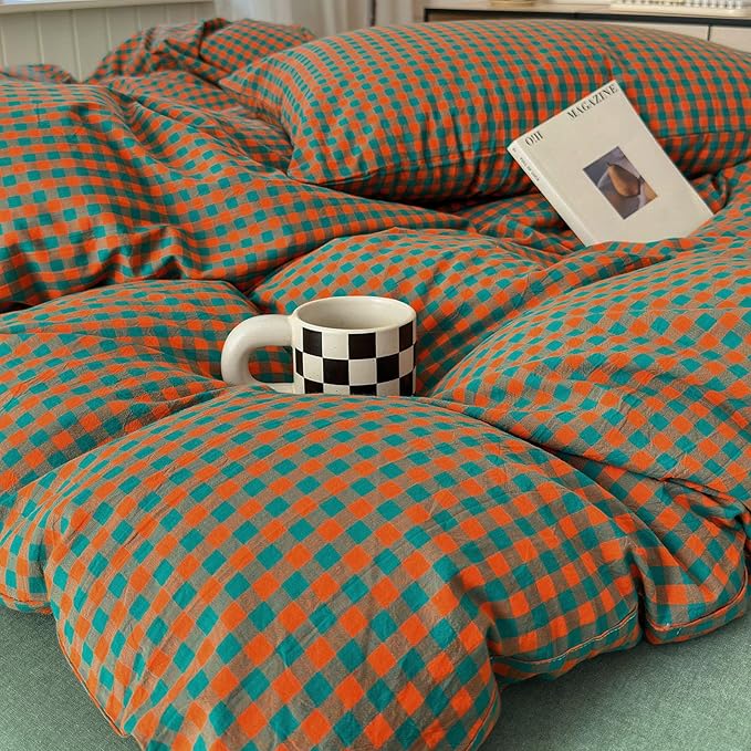 LifeTB Queen Comforter Set Modern Style Orange Green Gingham Comforter Lightweight Plaid Checkered Pattern Comforter Soft Fluffy Gingham Bedding Set Farmhouse Grid Plaid Comforter Set Queen