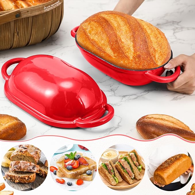 Maxdot 4qt Dutch Oven with Lid Enameled Cast Iron Sourdough Bread Pan for Christmas Baking Non Stick Single with Loop Handles for Christmas Family Homemade Breadbaking(Red)