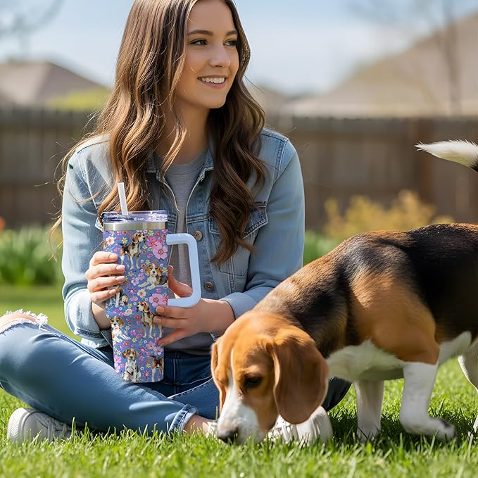 Yogusut Beagle Gifts for Women, 40oz Stainless Steel Insulated Tumbler Travel Mug Cup with Handle Straw, Gifts for Dog Mom Dog Lover