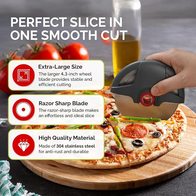 UHIYEE Pizza Cutter Wheel, 4.3" Large Pizza Slicer Wheel with Safety Blade Cover, Super Sharp Stainless Steel Pizza Wheel Slices Effortlessly, Easy Cleaning Pizza Cutters Dishwasher Safe, Gray