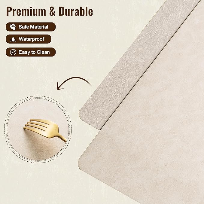 DOLOPL Placemats Set of 4 Reversible Dual-Color Table Placemats ?밐eat Resistant Wipeable & Washable Place Mats, Luxury Faux Leather Table Mats for Vintage Dining Table Decor (Beige&Light Grey)