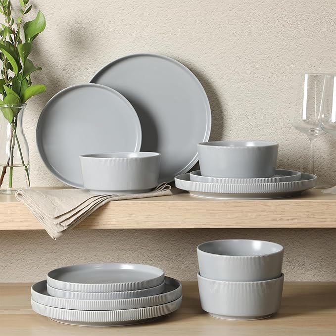 Gibson Home Dempsey Road 12-Piece Stoneware Dinnerware Set ??Service for 4, Round Grey Plates and Bowls, Durable Solid Color Modern Embossed Dish Set, Microwave & Dishwasher Safe
