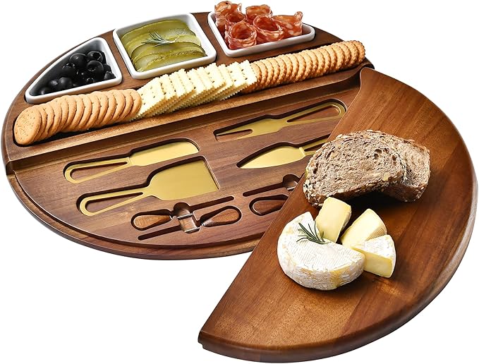 Shanik Large Acacia Wood Cheese Board ??Premium Charcuterie Set with Knife Holder, Cutting Surface & Serving Tray for Parties, Weddings, Gifts