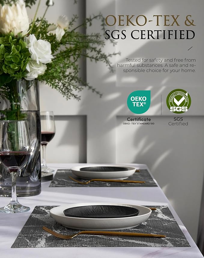 Leetaltree Reversible Marble Placemats Set of 6 - Ships Flat and Stays Flat, Durable Washable Vinyl PVC Placemats, Heat Resistant, Easy Wipe Clean (Black Marble Pattern)