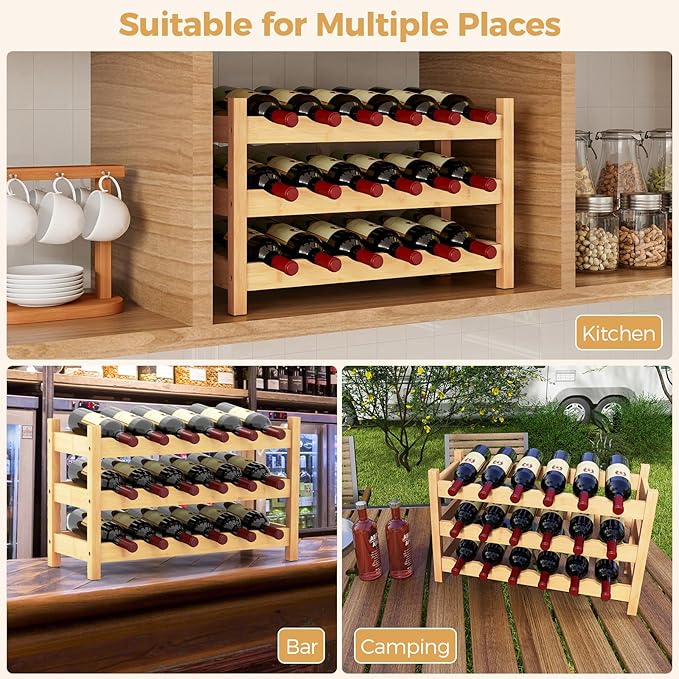 COSTWAY 3-Tier Bamboo Wine Rack, 18-Bottle Tabletop Wine Holder with Wave Slot, Freestanding Countertop Wine Bottle Organizer for Kitchen, Pantry, Pub & Wine Cellar, Natural (24.5L x 9.5W x 15H)