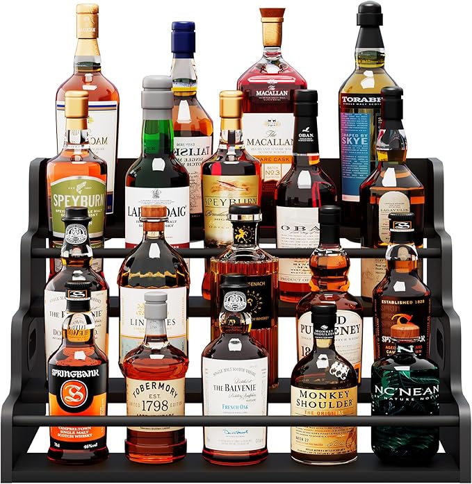 19.6?쓂 x 15.74" D x 12.5" H Inches Versatile 4-Step Coffee Syrup & Water Bottle Organizer Rack Multi-Functional Retro Display Shelf for Kitchen or Bar, Holds Liquor & Spirits, Black