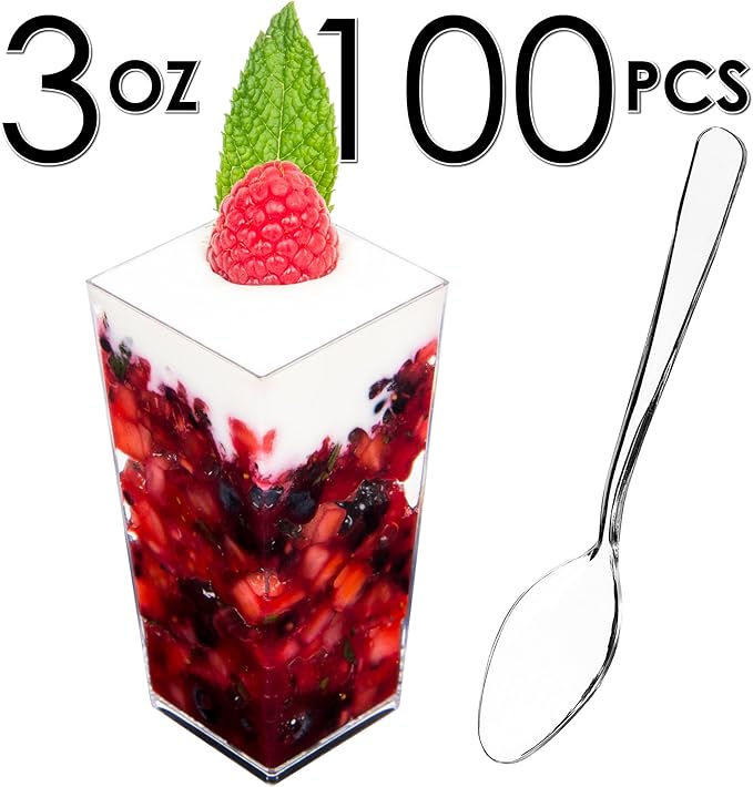 DLux 100 x 3 oz Mini Dessert Cups with Spoons, Square Tall - Clear Plastic Parfait Appetizer Cup - Small Reusable Serving Bowl for Party Desserts Appetizers - with Recipe Ebook