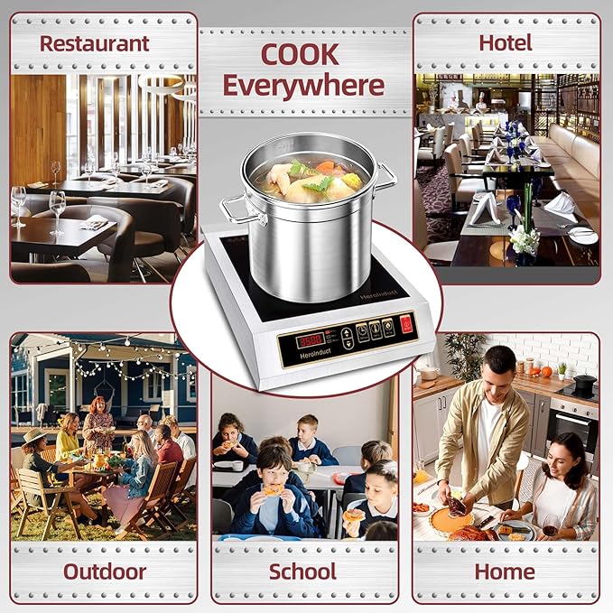 Induction Cooktop 208-240V 3500W Commercial Induction Burner Dual IGBT Modules 8 Heating Level Sensor Push-Button Premium Stainless Steel Housing Crystal Glass Electric Cooktop(Black)