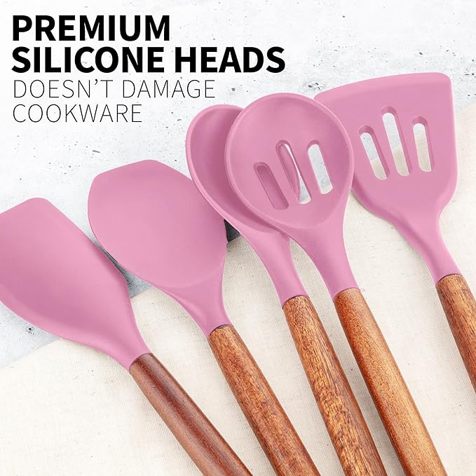 Zulay Kitchen Non-Stick Cooking Utensils Set with Authentic Acacia Wood Handles ??5-Piece Durable & Stylish Silicone Kitchen Utensils Set ??Heat Resistant to 464째F ??Pink