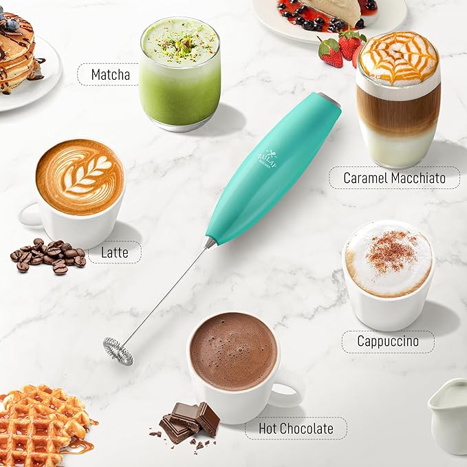 Zulay Kitchen Handheld Milk Frother with Duracell AA Batteries ??Ultra Fast Electric Mixer & Foam Maker, Easy-Clean Drink Mixer for Coffee & More - Caribbean Aqua 2B