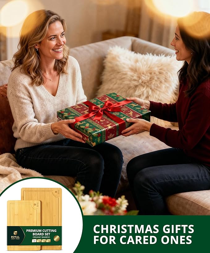 ROYAL CRAFT WOOD Wooden Cutting Boards for Kitchen Meal Prep & Serving - Bamboo Wood Serving Board Set with Deep Juice Groove Side Handles - Charcuterie & Chopping Butcher Block for Meat