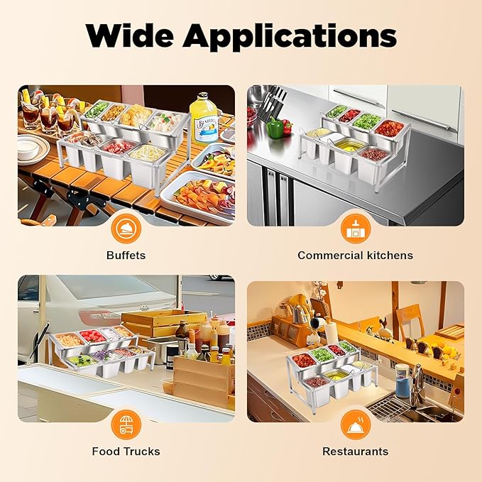 8 PCS Spice Rack Shelf, 2-Tier Stainless Steel Spice Organizer Stand with Lids and Spoons, Expandable Spice Rack for Buffets, Homes and Commercial Kitchens (4 X 1/9 Pans + 4 X 1/6 Pans)