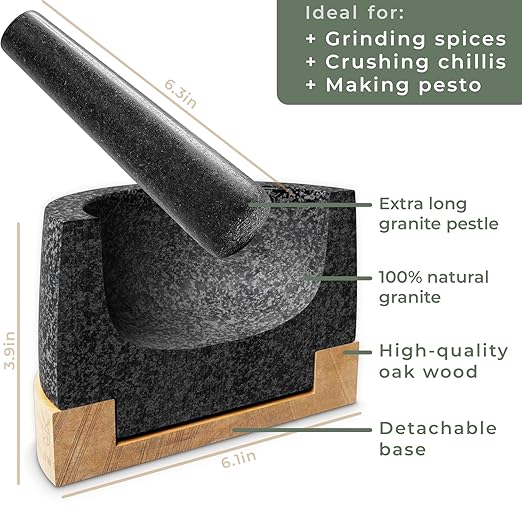 WALDWERK Mortar and Pestle - Mortar and Pestle Set with Anti-Scratch Oak Wood Base - Mortar with Extra Large Pestle Made of Natural Granite - Large Mortar and Pestle - Ideal for Guacamole
