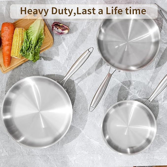 DELARLO Tri-Ply Stainless Steel Frying Pan, All Cooktops Compatible Up to 600?? Oven Safe Induction Skillet, 12.5 inch Non toxic Cooking Surface, Fast & Even Heat, Durable Cookware
