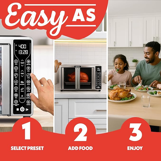 Gourmia French Door Air Fryer ??25 Qt Large Capacity Convection Oven, Fryfroce 360째, Digital Display with 17 Cooking Presets, Bake, Toast, Roast, Dehydrate, Fits 12??Pizza