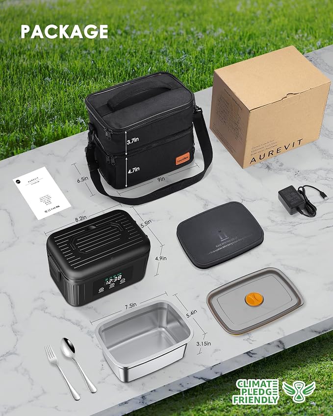 Aurevit Cordless Electric Lunch Box for Adults, 1.4L Heated Lunch Box for Men with Smart Meal Scheduling & Auto Keep Warm, Portable Food Warmer for Car with Insulated Bag, Ice Pack (Meteorite Black)
