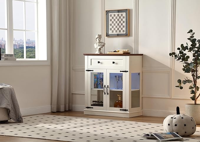 31.5'' Modern Small Buffet Cabinet with Storage,Buffet Sideboard with Two Glass Doors and a Drawer,Small Coffee bar Cabinet with Adjustable Shelf,for Kitchen,Antique White