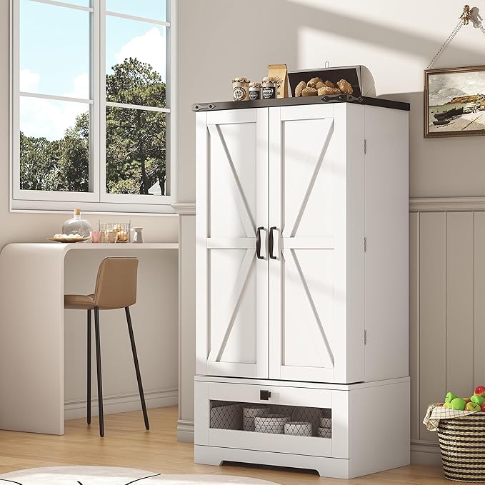 47" Kitchen Pantry Storage Cabinet White Tall Storage Cabinet with Doors, Adjustable Shelves, and Drawer Farmhouse Cupboard for Kitchen, Dining Room, Bathroom 16" D x 24" W x 47"