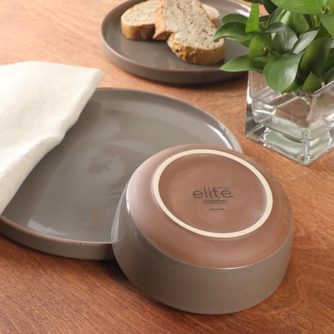 Gibson Elite Northrock Stoneware Dinnerware Set, 12-Piece Service for 4 Plates and Bowls Set ??Gray Dishes with Hand-Painted Terracotta Base