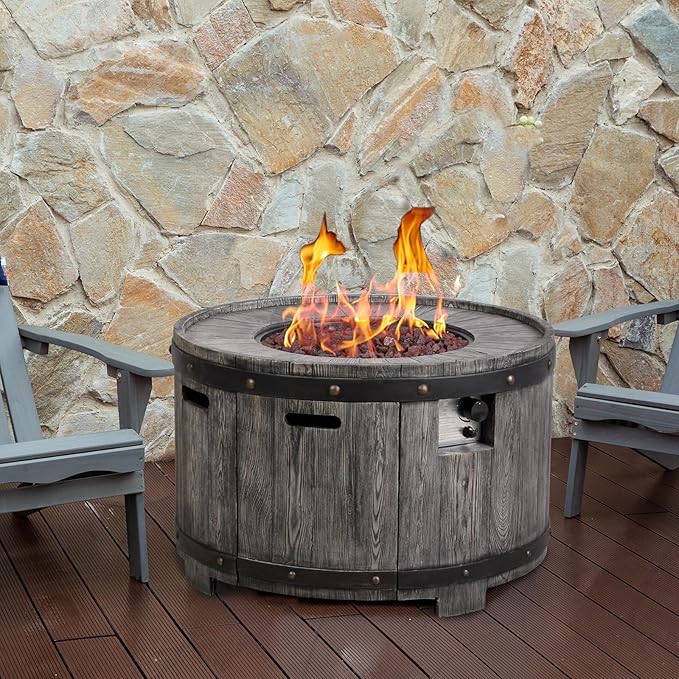 Afterglow Outdoor 36" Round TerraFdab Propane Fire Pit Table for Outside Patio Backyard Garden, Firepit Table with Weather Cover and Lava Rocks(Gas Tank not Included)竊?0000 BTU, Wood Look(Grey)