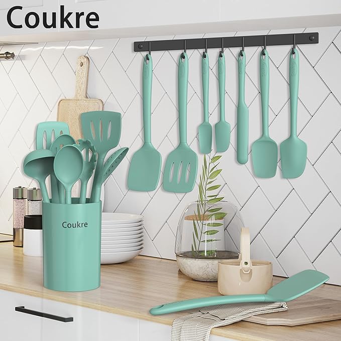 Coukre Silicone Kitchen Cooking Utensils Set with Holder ??Heat-Resistant, Food-Grade Kitchen Tools, Spatula, Spoon & Gadgets for Non-Stick Pans, Dishwasher Safe (14, PureAquaGreen)