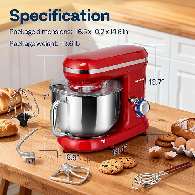VIVOHOME Stand Mixer, 660W 10 Speed 6 Quart Tilt-Head Kitchen Electric Food Mixer with Beater, Dough Hook, Wire Whip and Egg Separator, Red