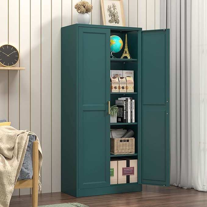 Kitchen Pantry Cabinet, 71 Inch Tall Metal Pantry Cabinet with Doors and Adjustable Shelves, Freestanding Food Cupboard, Storage Cabinets for Dining, Living Room, Green-Teal, Assemble Required