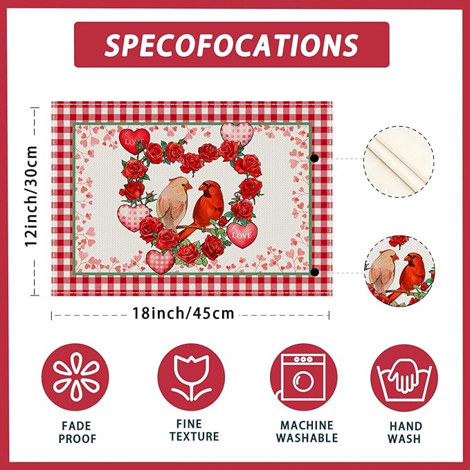 XCHI Plaid Roses Flowers Love Hearts Cardinal Valentine's Day Placemats Set of 4 Table Mats for Party Home Kitchen Dining Table Decorations 12x18 Inch