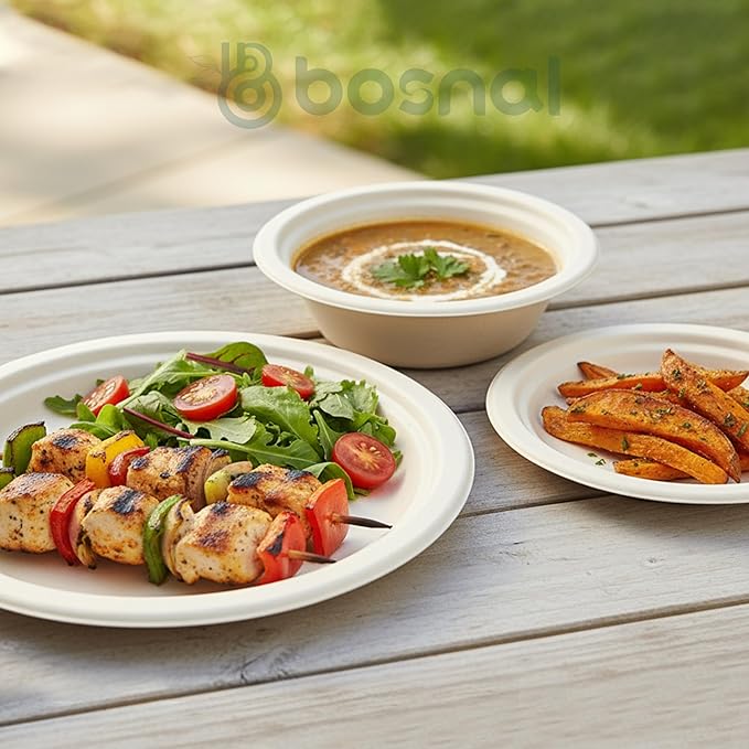 BOSNAL 10 inch & 7 inch Round Plates with 16 oz Bowls ??100% Plant-Based Sugarcane Bagasse, Eco-Friendly Disposable Dinnerware for Hot & Cold Meals, Microwave Safe, Compostable, Durable & Sustainable