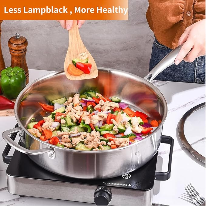 DELARLO Tri-Ply Stainless Steel Frying Pan,12 inch Skillet with Lid,6 Quart Saute Pan,Compatible with All Cooktops,Oven Up to 660??Chicken Fryer,Dishwasher-Friendly