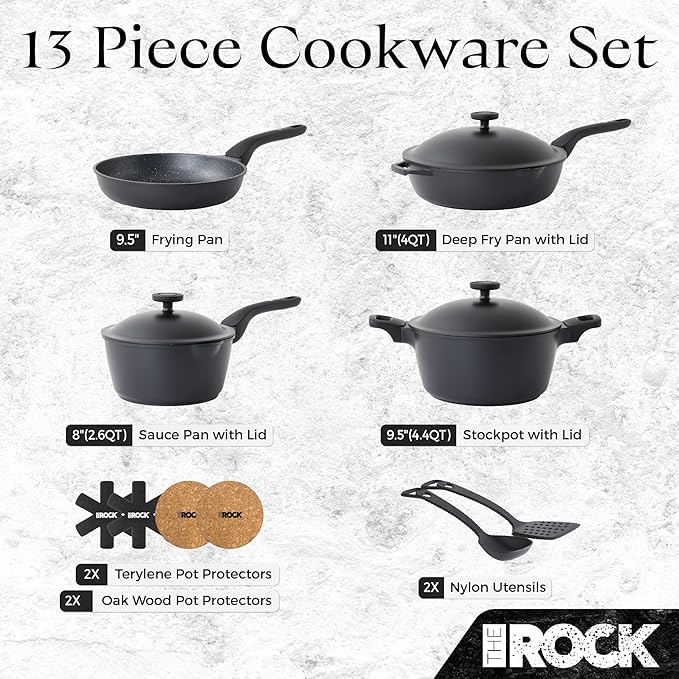 THE ROCK 1TSP 13PCS Cookware Set ??Pots and Pans Set Non Stick with ROCK.TEC ??Nothing Sticks, Never Warps, Lasts Longer ??Healthy, Multifunctional, All-in-One Fry Pan, Saucepan, Stockpot & More