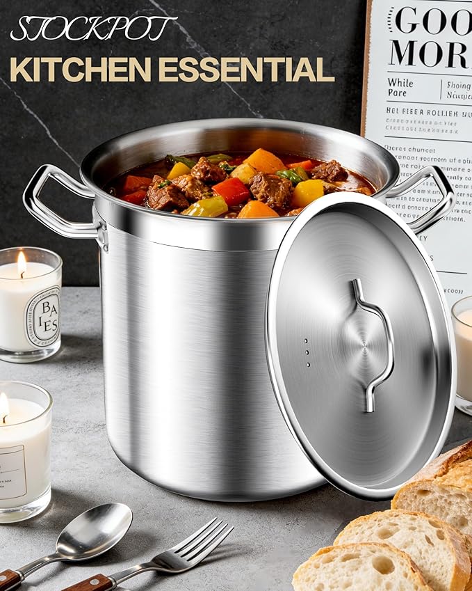 50 Quart Stainless Steel Stock Pot with Lid ??Heavy Duty Cooking Pot for Soup, Commercial Soup Pots, 3-Ply Induction Bottom, Oven Safe