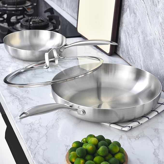 LOLYKITCH 8-12 Inch Tri-ply Stainless Steel Frying Pans Set with a Lid,Skillets,Induction Cooking Pans,Dishwasher and Oven Safe,Riveted Handle