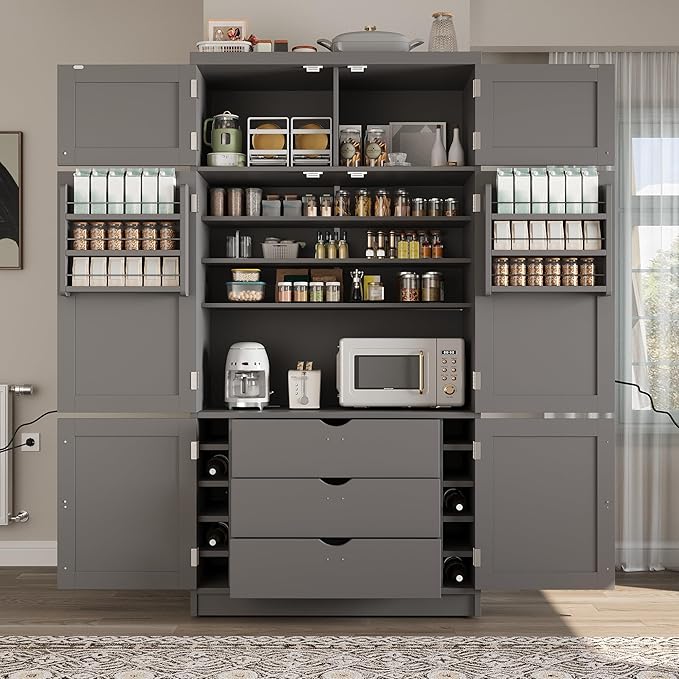Ball & Cast 80?쿟all Freestanding Kitchen Pantry Cabinet with 2 Power Outlets & 3 Large Drawers,41" W Versatile Farmhouse Pantry Storage Cabinet w/Adjustable Shelves and Door Shelves,for Kitchen,Gray