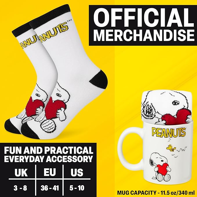 Get Trend Peanuts Snoopy Coffee Mug and Socks Set, 11.5 oz Ceramic Cup with Soft Crew Socks, Woodstock, Christmas, Secret Santa Gifts for Women (Red Snoopy)