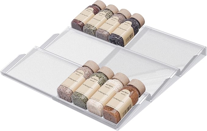 LEVANI Spice Drawer Organizer ??3 Large Tiers, Anti-Slip Grips, Narrow to Standard Drawer Size - Expandable from 8 ??15 inches Wide, Clear Durable Acrylic Spice Rack, No Sliding in Kitchen Drawers