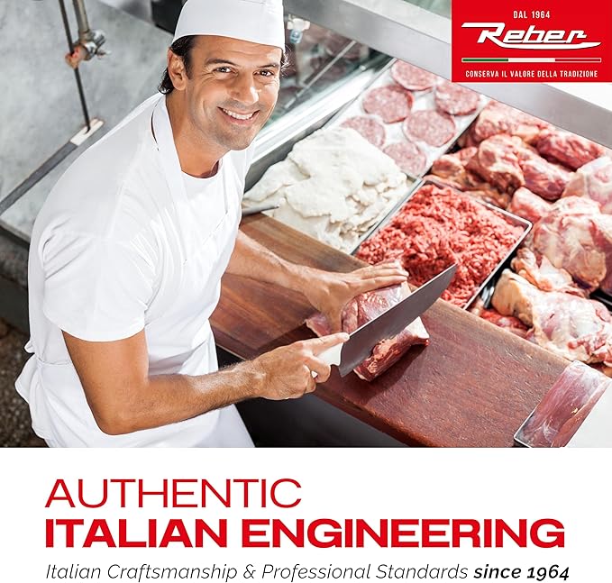 Reber Electric Meat Grinder N.8 450W ??Meat Mincer and Sausage Maker ??Tinned Cast Iron Body, Stainless Steel Knife and Plate ??Induction Motor for Continuous Use ??Made in Italy