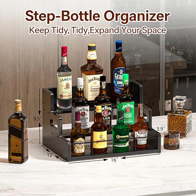 Liquor Bottle Display Shelf,Wood Syrup Organizer Rack,3 Step Countertop Organizer Wine Rack,Rustic Coffee Station Accessories for Syrup (Black)