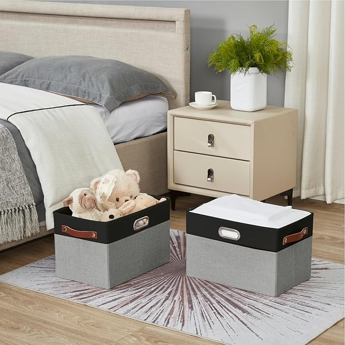 Bagnizer Large Collapsible Fabric Storage Bins with 3 Handles, Foldable Organizer Baskets for Closet, Shelves, Living Room | 3 Pack, Durable PU & Metal Handles (14.9"x9.8"x9.8", Black & Gray)