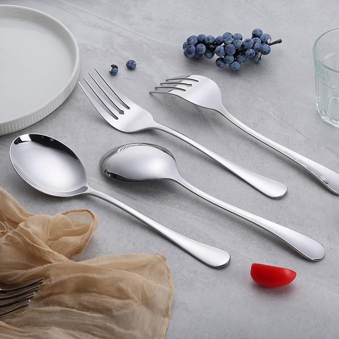E-far Large Serving Utensils Set of 4, 9.8 Inch Stainless Steel Serving Spoons & Serving Forks, Big Hostess Set for Buffet Party Catering Wedding Kitchen Restaurant, Dishwasher Safe